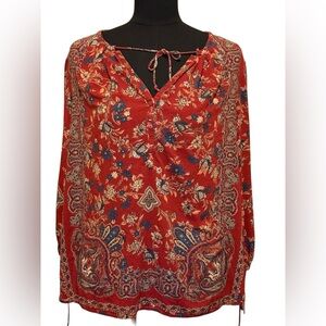 Vintage Lucky Brand Red Paisley Floral Tie-Neck Tunic Top 100% Rayon